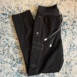 Figs small tall black cargo style pants with white threading